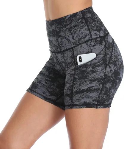 Miniatura 2 de Oalka Pantalones cortos de yoga para mujer, con bolsillos laterales, cintura alta, para entrenamiento, correr, deportes, 4 pulgadas