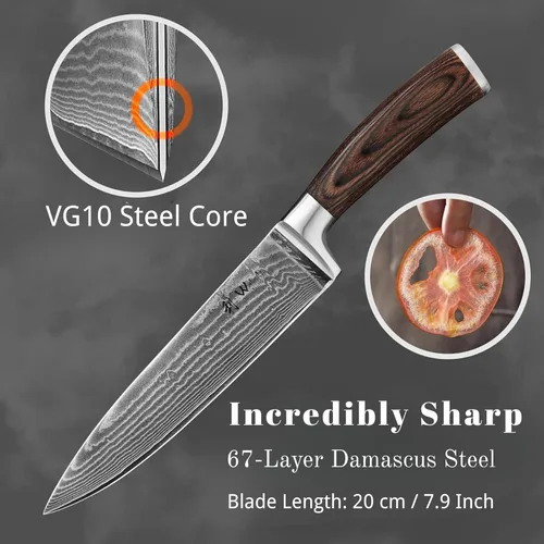 Miniatura 10 de Wakoli EDIB Cuchillo de chef Damasco – Cuchillo de cocina de estilo japonés de 7.9 pulgadas, hoja de acero de Damasco de 67 capas con núcleo VG10, 1