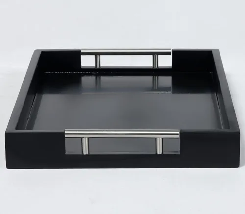 Miniatura 7 de Bandeja para servir con asas de metal pulido, bandeja rectangular para mesa de café de 16.5''x12'', bandeja decorativa moderna, bandeja otomana Negro
