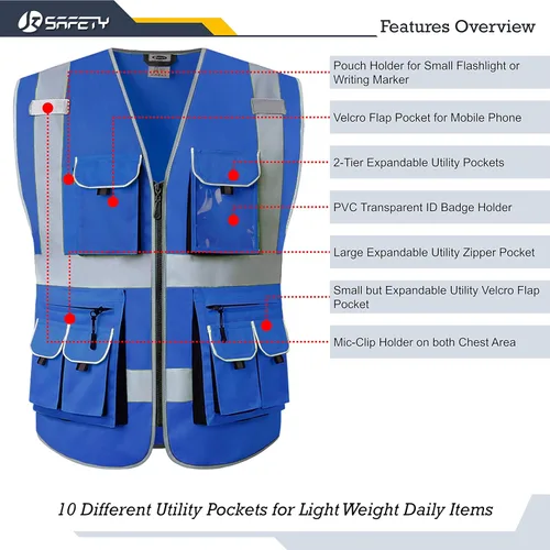 Miniatura 3 de JKSafety Chaleco de seguridad de color azul con 10 bolsillos y cremallera frontal con tiras altamente reflectantes que cumple con las normas