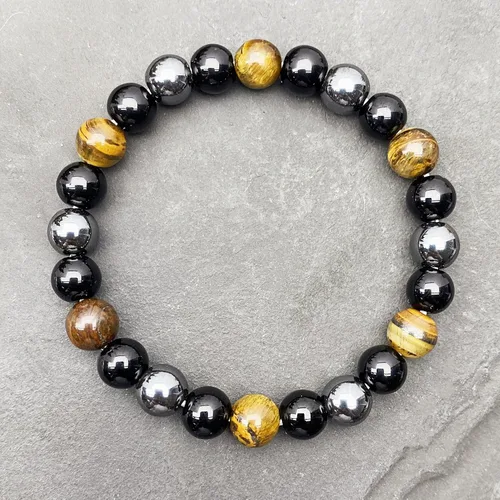 Miniatura 3 de Pulsera de triple protección con cuentas de ojo de tigre, obsidiana negra y hematita para hombres y mujeres, cuentas de piedras naturales y cristal