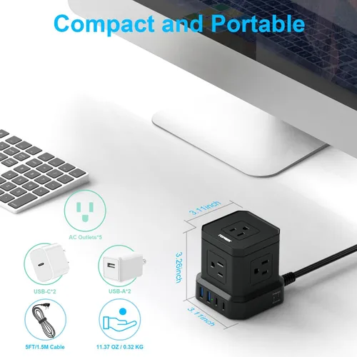 Miniatura 5 de TOPREK Regleta de alimentación con USB, USB C (3.0 A) con 5 tomas, 2 USB-C y 2 USB-A, cable de extensión plano de 5 pies con enchufe plano Negro-5FT