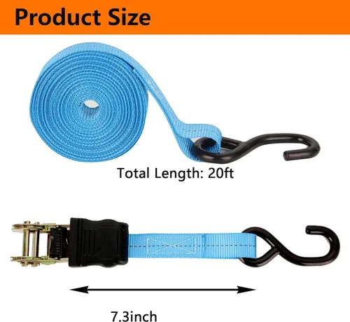 Miniatura 2 de 6 correas de amarre resistentes de 1 pulgada de 20 pies con ganchos, resistencia a la rotura de 2200 libras, correas de trinquete de carga para Azul