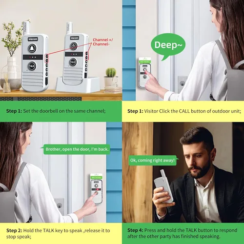 Miniatura 2 de Timbre inalámbrico, sistema de intercomunicación inalámbrico bidireccional, rango de 4900 pies y 16 canales, 4 niveles de volumen, 21 tonos