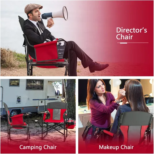 Miniatura 6 de COSTWAY Silla de camping plegable, silla de director de alta resistencia soporta 400 libras para adultos con mesa auxiliar, bolsa refrigeradora, Rojo
