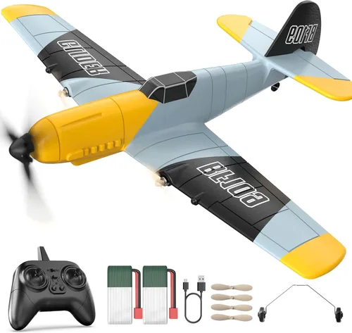 DEERC Avión RC BF-109 de 3 canales con control remoto, avión de combate de juguete con estabilizador de giro de 6 ejes de 2.4GHz, avión a control