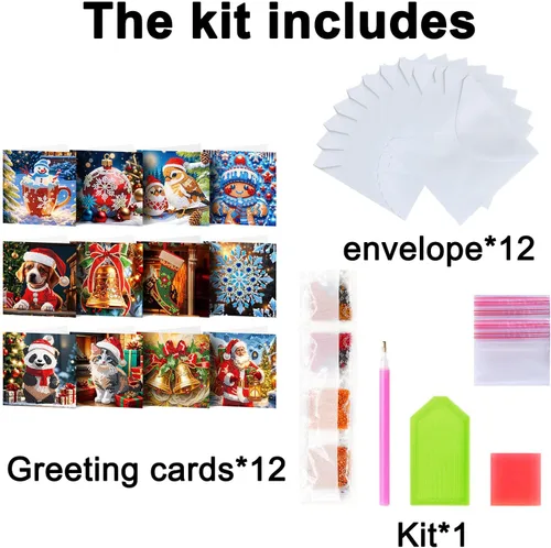 Miniatura 7 de LUSandy Paquete de 12 tarjetas de Navidad con pintura de diamante 5D para adultos, tarjetas de felicitación de arte con diamantes para gatos