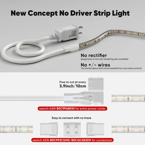 Miniatura 3 de Shine Decor Tira de luz LED súper brillante de 4000LM, Plug & Play de 120V sin controlador, cableado fácil, sin parpadeo, resistente a la intemperie