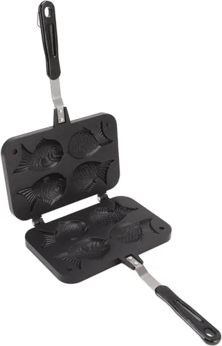 Máquina para hacer gofres, con 4 cuencos, pescado Taiyaki, máquina para pasteles con revestimiento antiadherente, mango antiquemaduras, soporte
