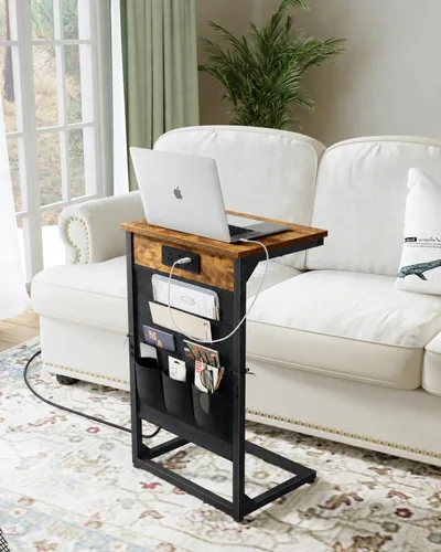 Miniatura 12 de Mesa auxiliar en forma de C con estación de carga rápida, mesa lateral pequeña para sofá con bolsa de almacenamiento, bandeja de TV para sofá