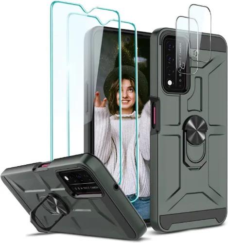 Miniatura 15 de Jeylly Funda para T-Mobile Revvl 5G con 2 protectores de pantalla de vidrio templado, cuerpo completo híbrido de policarbonato duro suave TPU anillo