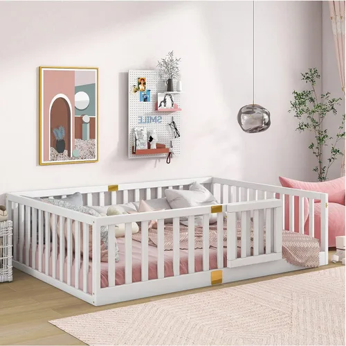 Miniatura 11 de Tatub Cama Montessori de suelo individual con rieles altos, marco de cama Montessori de madera maciza para niños, la puerta se puede instalar a Gris