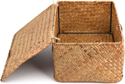 Miniatura 4 de Yesland Cesta de almacenamiento de ratán de hierba marina tejida a mano, 11.5 x 7.5 x 5 pulgadas, contenedor organizador de maquillaje rectangular