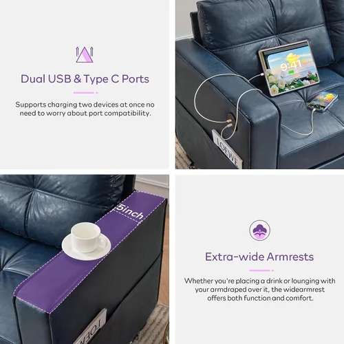 Miniatura 4 de TYBOATLE Sofá de dos plazas de piel sintética de 65 pulgadas para dormitorio, moderno y cómodo sofá de mediados de siglo con puertos de carga USB