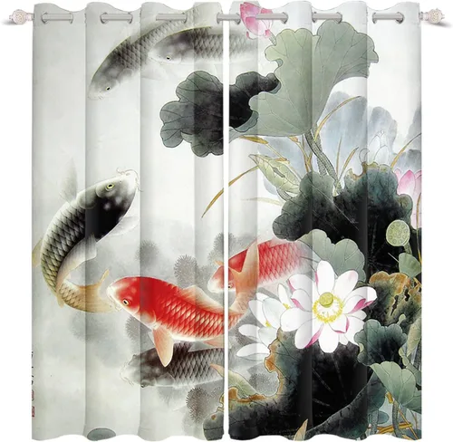 Renaiss Cortinas de carpa para ventana, 29 pulgadas de ancho x 45 pulgadas de alto, pintura de tinta oriental, hojas de loto, lirio de agua negro y
