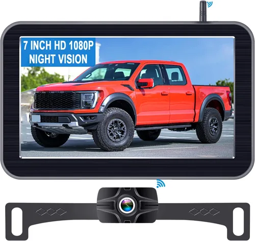 Cámara de respaldo inalámbrica de 7 pulgadas para camión - 2 canales, líneas de cuadrícula DIY, HD 1080P, visión nocturna, impermeable IP69K, cámara