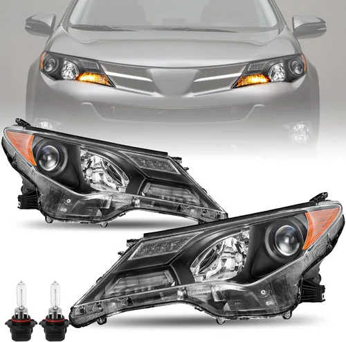 JSBOYAT Conjunto de faros halógenos compatible con Toyota Rav4 2013, 2014, 2015, carcasa negra con reflector ámbar (bombillas incluidas)