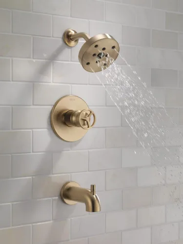 Miniatura 2 de Delta Faucet Trinsic Serie 14 Juego de grifo de ducha dorado con cabezal de ducha H2Okinetic, kit de accesorios de ducha dorados, juego de grifo