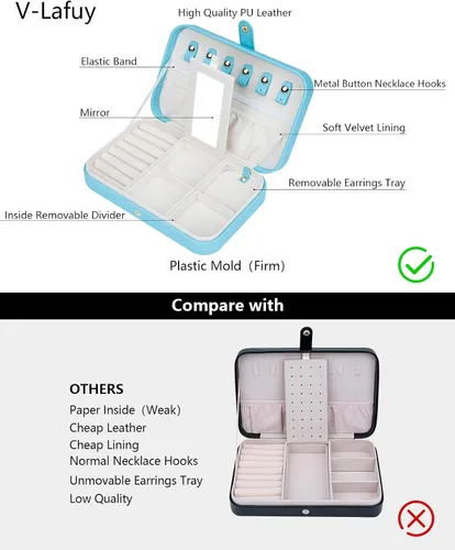 Miniatura 3 de V-LAFUY Joyero de viaje pequeño con espejo, caja de joyería portátil de viaje para mujeres y niñas, estuche de joyería para viajes, azul N