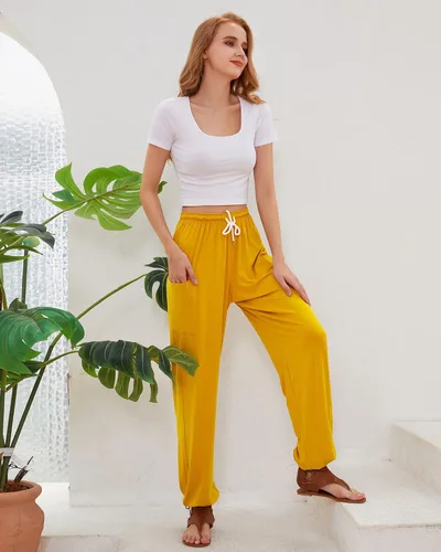 Miniatura 9 de QIANXIZHAN Pantalones de harén para mujer, pantalones hippie palazzo, pantalones bohemios, ropa de yoga con bolsillos