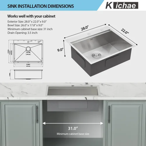 Miniatura 7 de Kichae Fregadero de Cocina de 28 Pulgadas para Empotrar - Estación de Trabajo de Fregadero Empotrado de 28x22 Pulgadas de Acero Inoxidable de Un