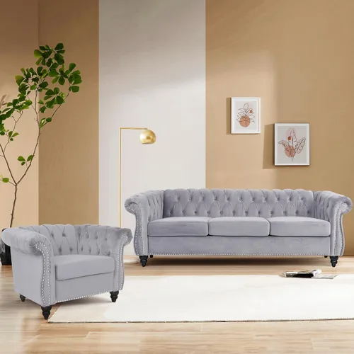 Miniatura 25 de QHITTY Juego de 2 piezas para sala de estar, Sofá Seccional Chesterfield Silla Contemporáneo Tapizado de Terciopelo Loveseat Juego de Sofás