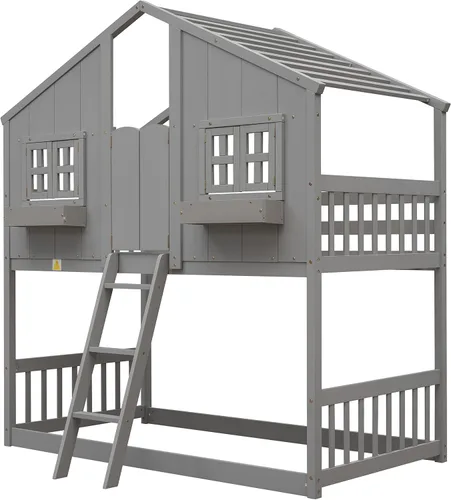 Miniatura 5 de Litera para niños con apariencia en forma de casa, litera de tamaño individual con techo y 2 ventanas, literas de piso de madera maciza para niños