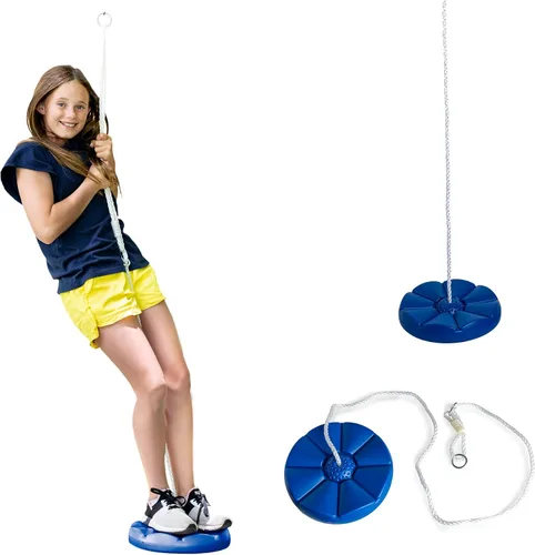 Squirrel Products Columpio de árbol de disco azul resistente con cuerda para jugar al aire libre, fácil adición de bricolaje al juego o árbol