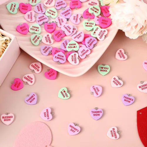Miniatura 3 de Augshy 64 dijes para el día de la madre, cuentas de resina con forma de corazón, adorno de amor para mamá, colgante para manualidades, pulseras
