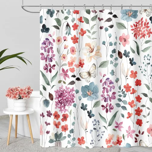Miniatura 10 de MAYZUS Cortina de ducha con flores azules acuáticas, lindas cortinas de tela con flores para baño, juego de cortinas de tela de aguamarina