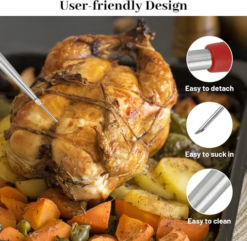 Miniatura 6 de Jeringa de pavo para cocinar, inyector grande de carne de acero inoxidable, con cepillo de limpieza y 2 agujas de adobo, color rojo