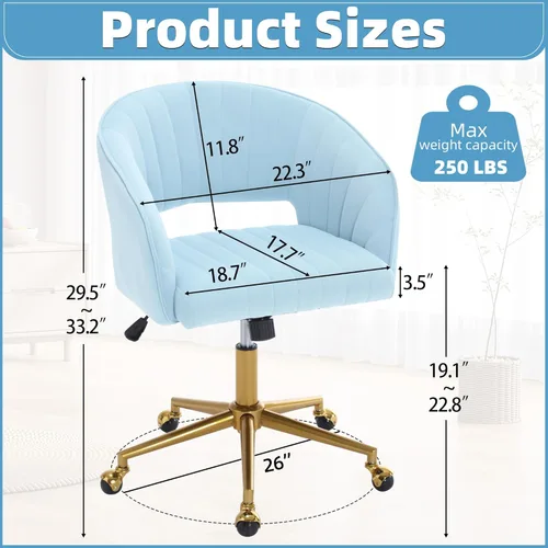 Miniatura 21 de ABET Silla de escritorio con ruedas, silla de oficina en casa de terciopelo, silla giratoria con base dorada, sillas acentuadas modernas tapizadas