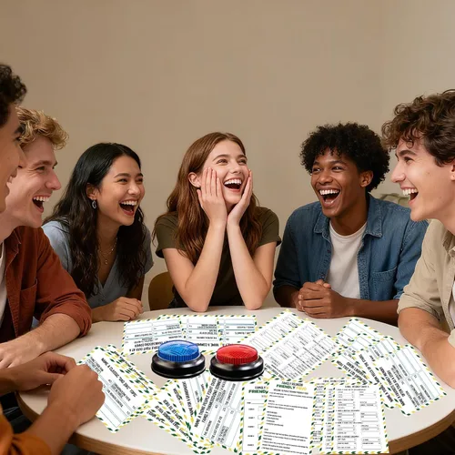 Miniatura 5 de Juego de cartas de disputa familiar con 2 zumbadores de respuesta, noche de juego familiar, divertido cuestionario de preguntas para reuniones