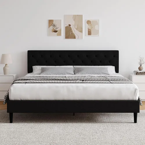 Miniatura 11 de HOMBCK Marco de Cama Queen con Cabecera Capitoné con Botones, Marco de Cama de Plataforma Tapizada Azul, Tela Suave/Soporte de Listones de Madera/No