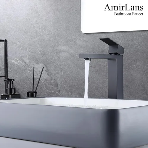Miniatura 6 de Grifo de Fregadero de Recipiente Negro Mate, Grifo de Baño Alto de Un Solo Agujero para Fregadero de Recipiente, Grifo de Acero Inoxidable Negro