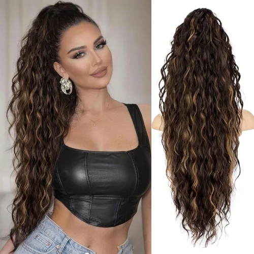 Miniatura 7 de ORSUNCER Extensión de cola de caballo de 18" con pinza rizada, cola de caballo esponjosa, extensiones de pelo sintético de aspecto natural para mujer