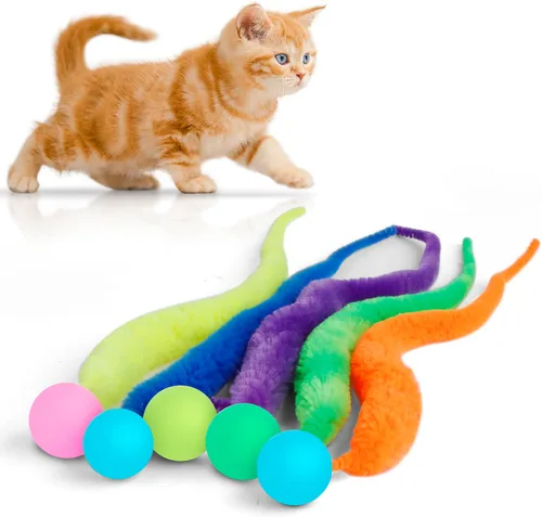 Miniatura 9 de SHENGSEN Pelota que Rebota con Cola Juguetes para Gatos-5 Paquetes, Gusano Mágico con Juguete de Pelota Grande y Colorida para Gatos, Pelotas que
