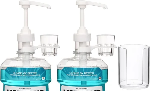 Bombas dispensadoras para botellas de enjuague bucal Listerine de 1 o 1.5 litros con portavasos, vasos reutilizables y dispensador de plástico