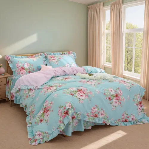 Miniatura 14 de FADFAY Juego de ropa de cama floral estilo campestre francés con estampado de pájaros azules, colección de faldas de cama, 800 hilos por pulgada