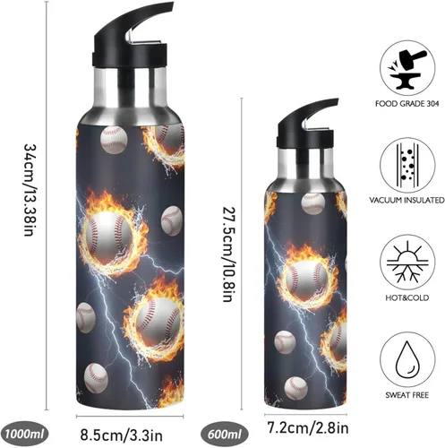 Miniatura 2 de Stainless Steel Vacuum Insulated Water Bottle 20 Oz, Leakproof Water Bottles for Gym Outdoor Travel School, Baseballs Splashes Water Flames