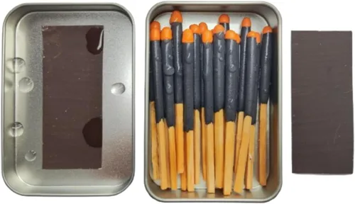 Kit de fósforos impermeables de supervivencia – 20/40/60/80/100 cerillas de fuego + delantero extra en lata de metal, cables de yesca encerados –