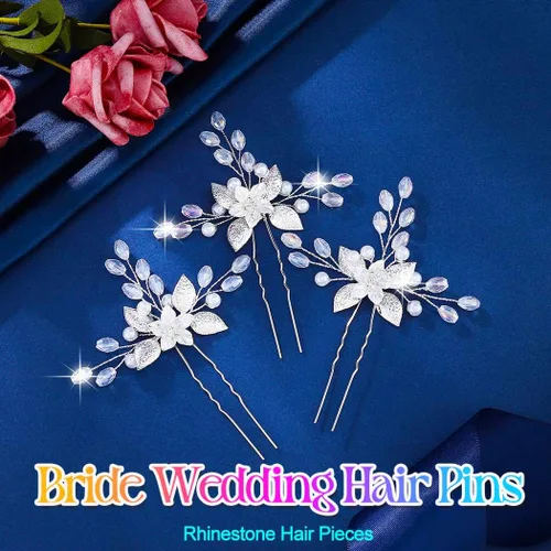 Miniatura 2 de HEREAD Flower Bride - Horquillas para el cabello de boda con perlas plateadas, accesorios para el cabello de hojas para mujeres (paquete de 3)