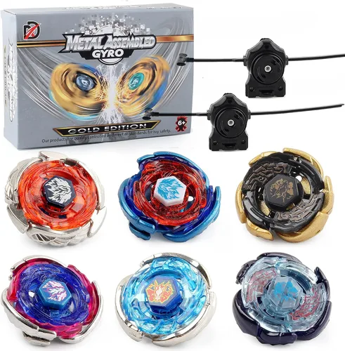 Gyros - Paquete de 6 piezas, Battling Tops Metal Fusion Starter Set con calcomanías, dos lanzadores, idea de regalo, juguetes para niños y niños a