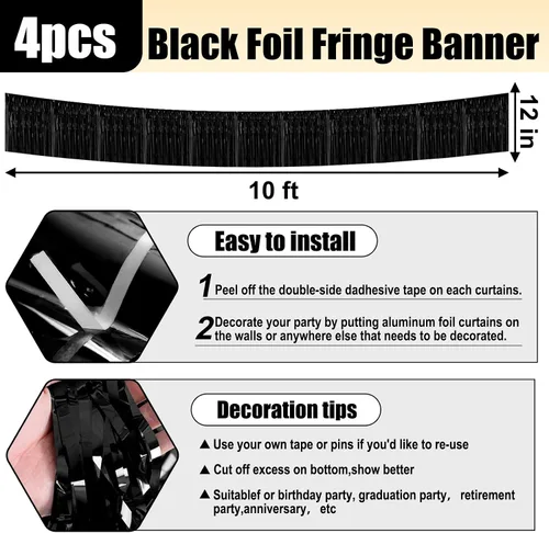 Miniatura 2 de Paquete de 4 guirnaldas de flecos de papel de aluminio negro de 10 pies con serpentinas metálicas de oropel para colgar en la pared, telón de fondo