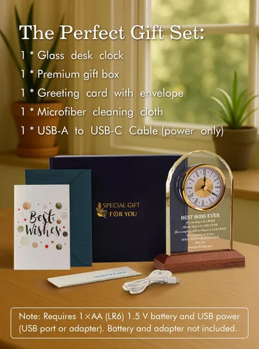Miniatura 6 de Best Boss Ever Regalos para hombres y mujeres — Reloj de escritorio de cristal con base de luz de madera Apreciación del jefe y despedida