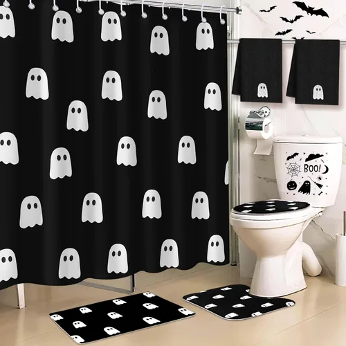Juego de 6 cortinas de ducha fantasma de Halloween de 72 pulgadas con 12 ganchos, alfombra antideslizante, cubierta de tapa de inodoro, toalla