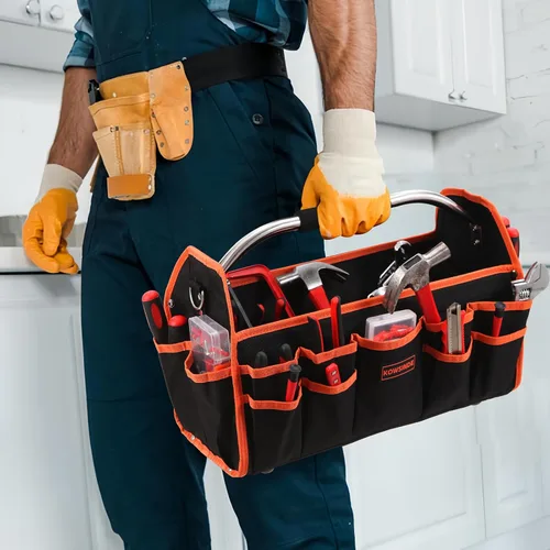 Miniatura 5 de Kowsinde Bolsa de herramientas de 16 pulgadas, bolsa de herramientas para electricista, bolsas de herramientas con parte superior abierta, 26 Naranja
