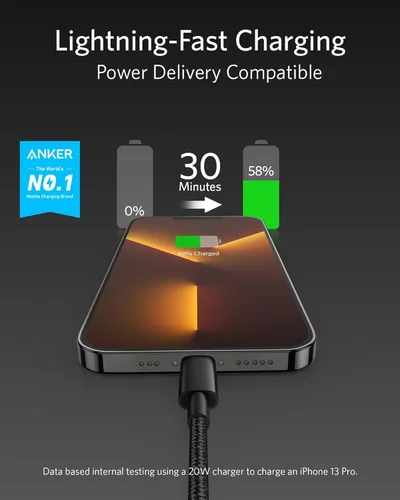 Miniatura 2 de Anker Cable Nuevo de Nylon USB C a Lightning, Certificado Apple MFi para iPhone 14 Series y Más (6 pies, negro)