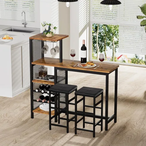 Miniatura 3 de VECELO Bar Table and Chairs Set for 2, 3-Piece Dining Set with Storage Shelves, Cup Holder & Wine Rack, PU Leather Cushion Stools, for Kitchen Small