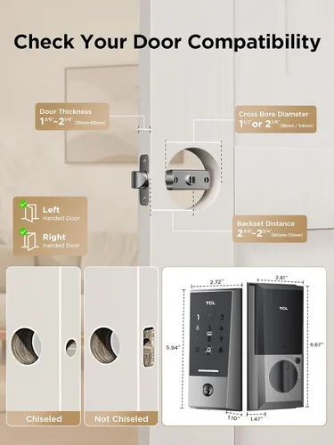 Miniatura 8 de TCL Smart Lock D2, cerradura de puerta de entrada sin llave Wi-Fi, timbre integrado, teclado de pantalla táctil, control de aplicación y voz, 50